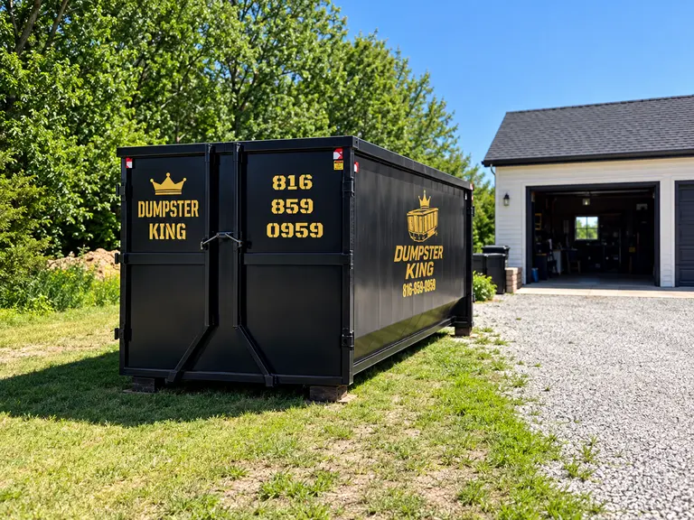 Dumpster King dumpster placed beside a residential driveway for a home cleanout