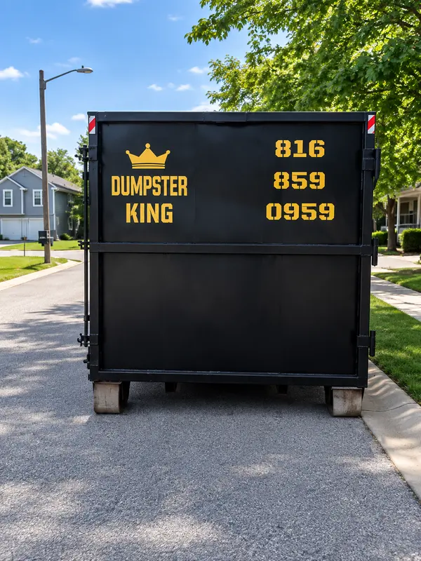 Dumpster King dumpster placed on a residential street near Olathe, KS